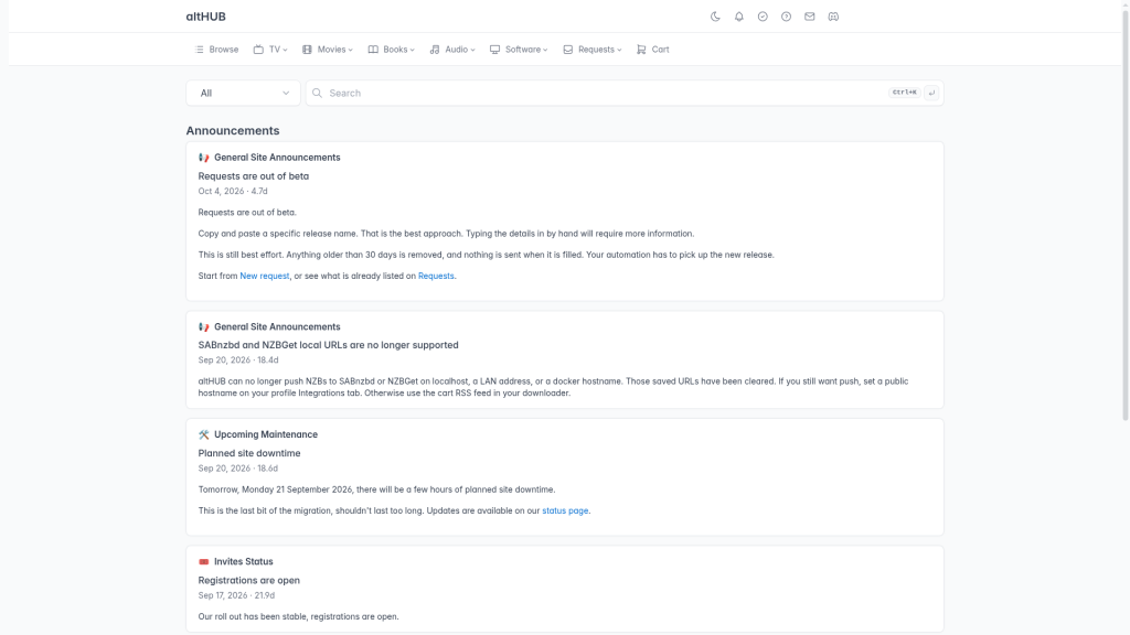 altHUB announcements about requests leaving beta, the end of local SABnzbd and NZBGet push URLs, planned maintenance and reopened registration