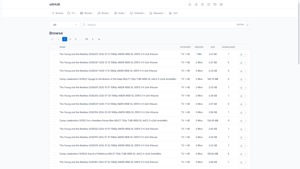 altHUB Browse page listing recently indexed releases with category, indexed age, size and download counts