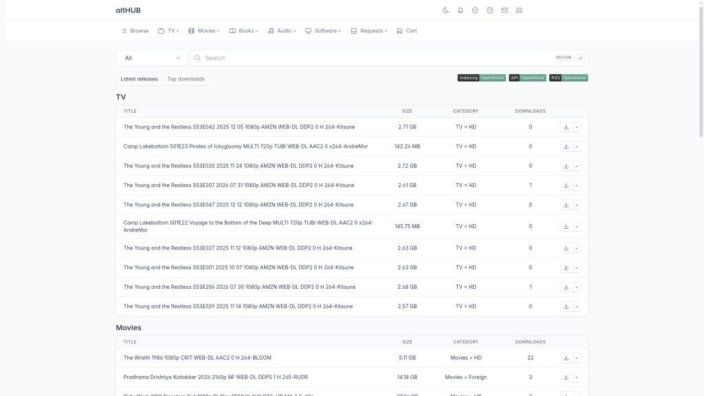 altHUB home page listing the latest TV and movie releases, with indexing, API and RSS status badges