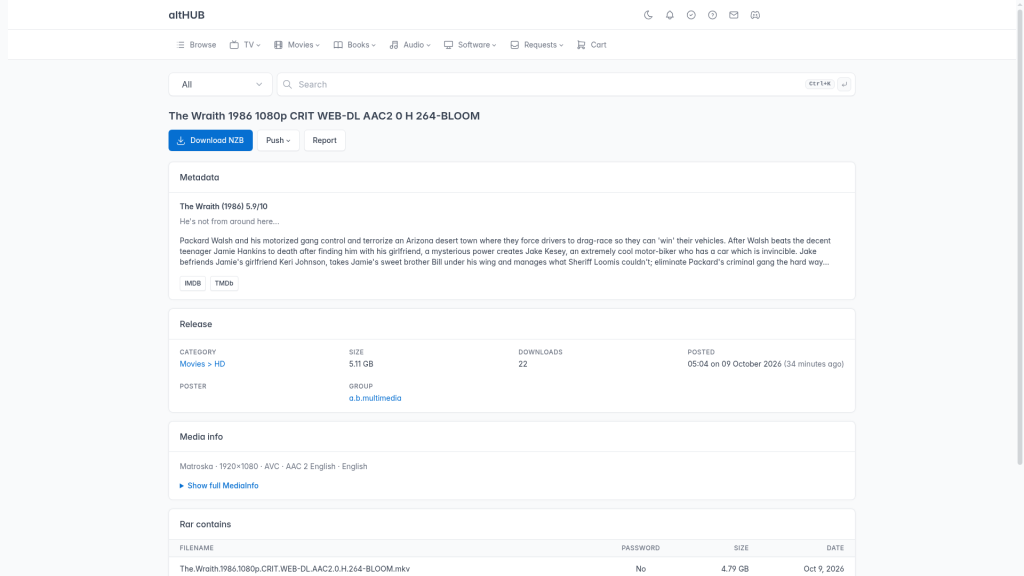 altHUB release details page with Download NZB and Push buttons, film metadata and release information