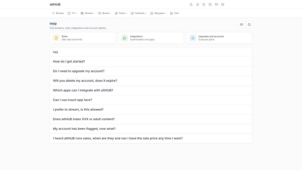 altHUB Help page with Rules, Integrations and Upgrades sections and a list of frequently asked questions