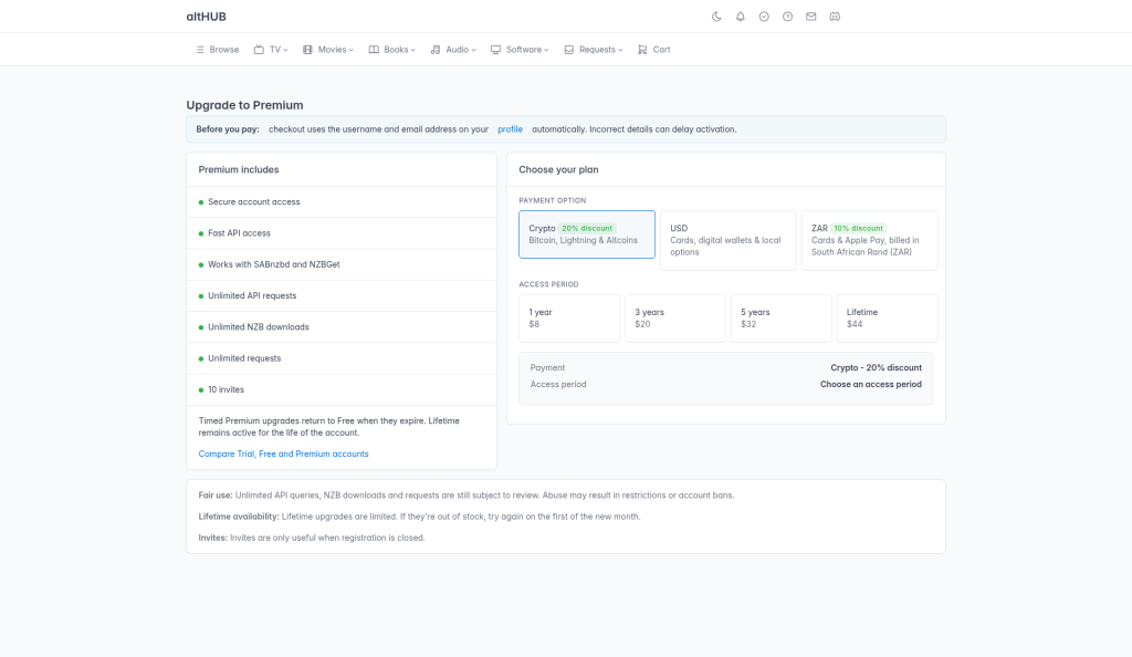 altHUB Upgrade to Premium page showing crypto, USD and ZAR payment options and the 1-year, 3-year, 5-year and Lifetime access periods