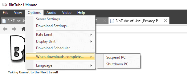 Bintube Newsreader Options Settings