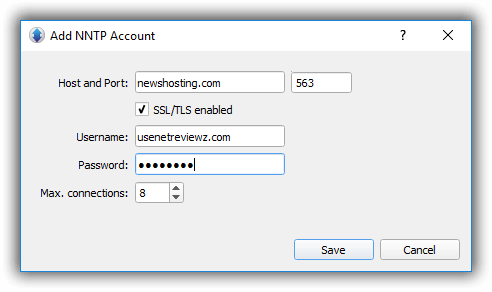  Configuración de conexión Nntp de Newshosting