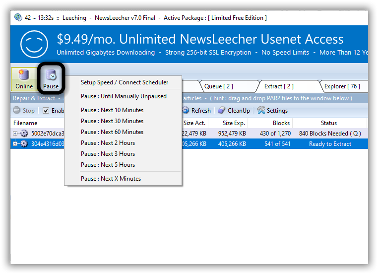 Newsleecher Newsreader Pause Downloads