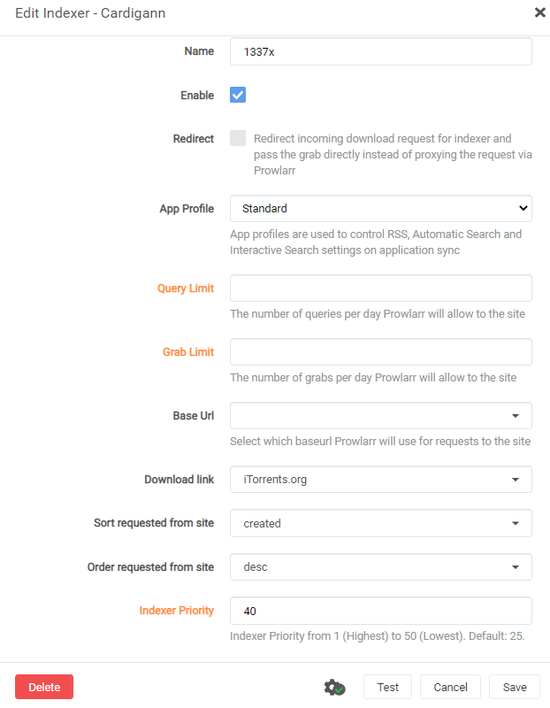 Prowlarr Edit Indexer